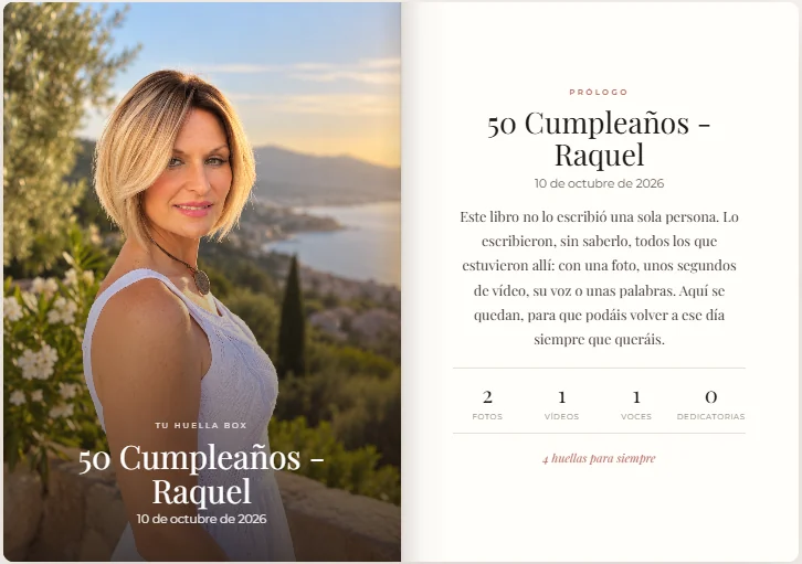Muestra de Tu Huella Box: portada con la foto de la festejada y prólogo